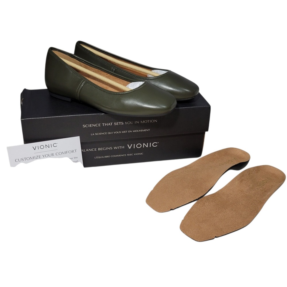 Vionic Orinda Ballet Flats Womens 5 Wide Dark Khaki Green Leather Square Toe NEW